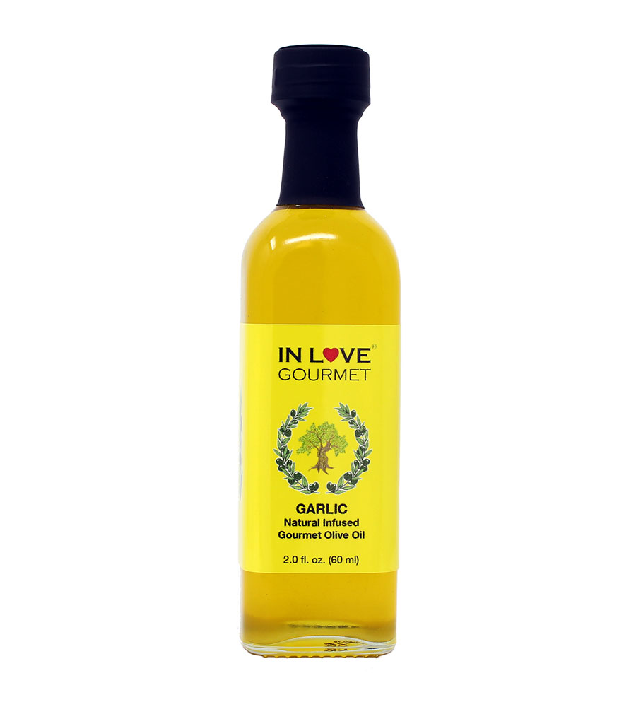 Garlic Natural Flavor Infused Gourmet Olive Oil 60ML/2oz (Sample Size) Great Tossed with Pasta, on Salads, as a Sandwich Spread, for Bread Dipping and in Marinades.